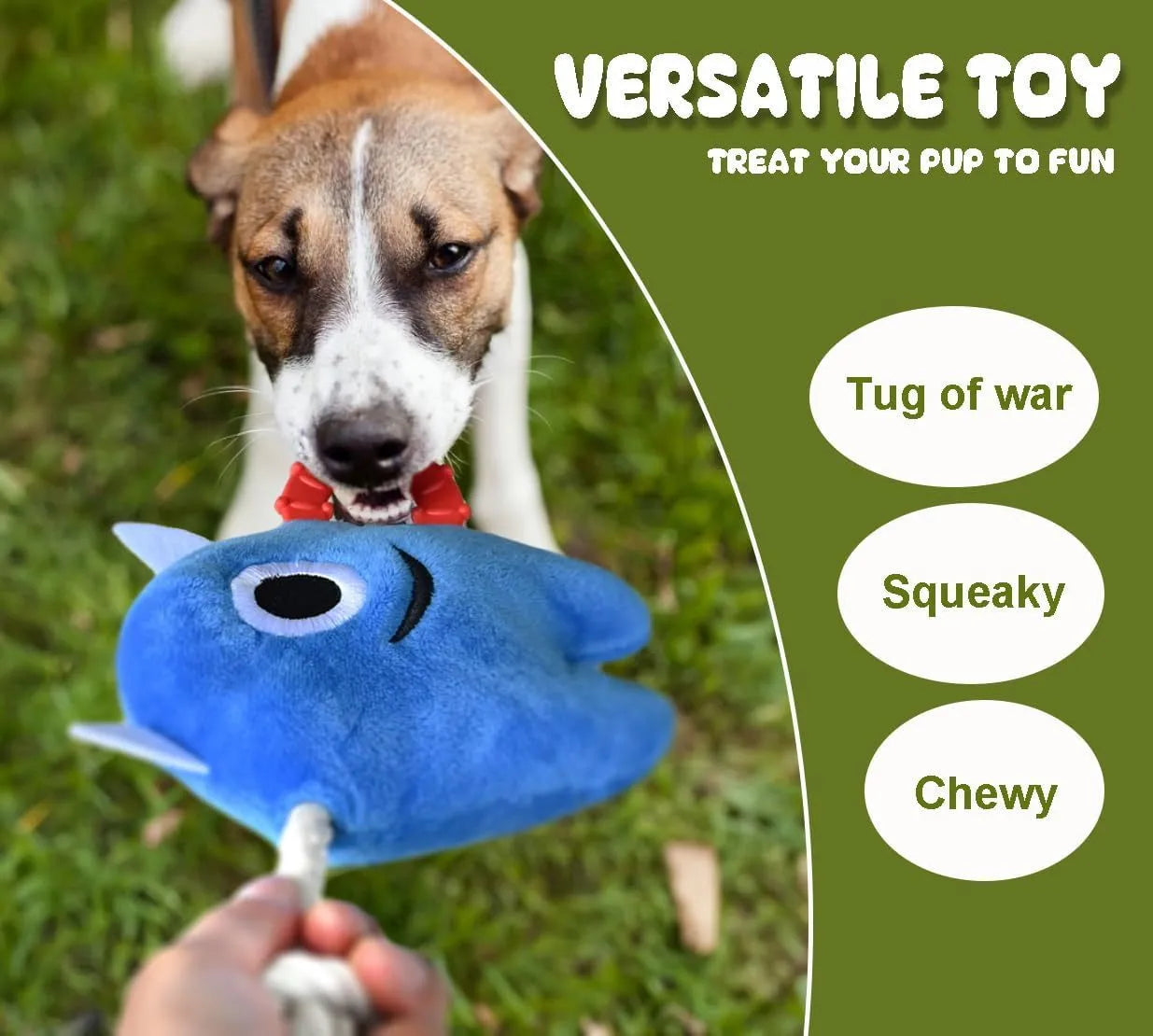 Blue and green monster dog toy with plush body and rope tug handles