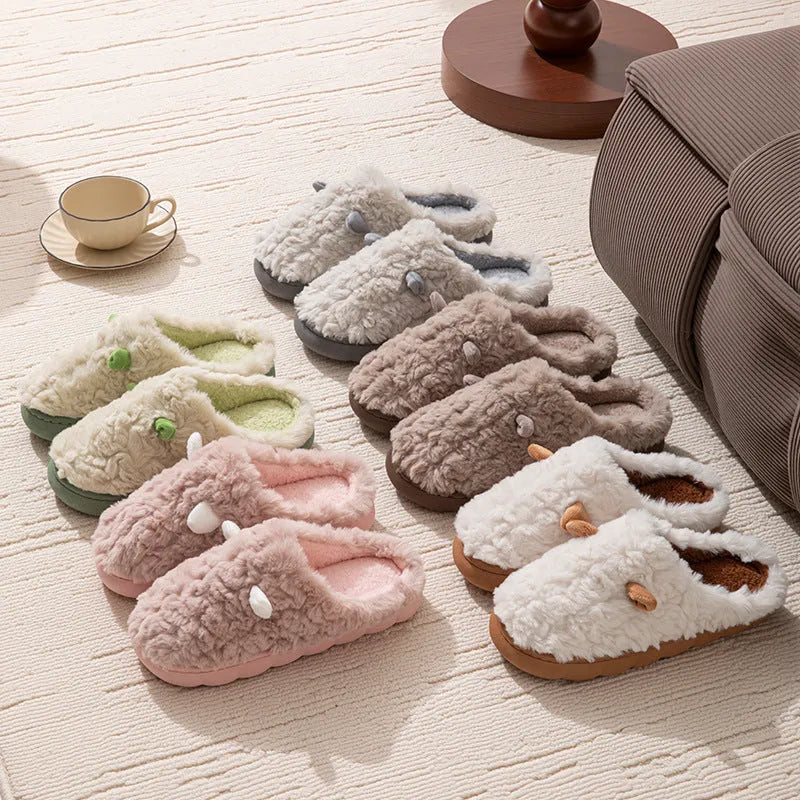 Non-slip thermal cotton slippers with plush upper and sewn sole, unisex, shown in pink, white, light green, coffee or gray