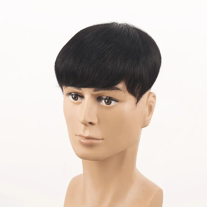 Men's short human hair wig, natural black, 16x18 construction, hot dyeable, with net options