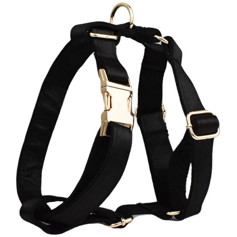 Dog harness and leash set with adjustable chest strap, matching bow, and vest accessories in fabric construction