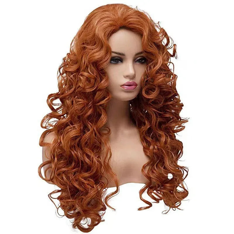Brown long curly wavy synthetic wig with instant noodles fluffy texture for Halloween cosplay