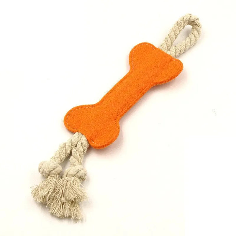 Bone shaped dog rope toy with felt exterior in four colour options