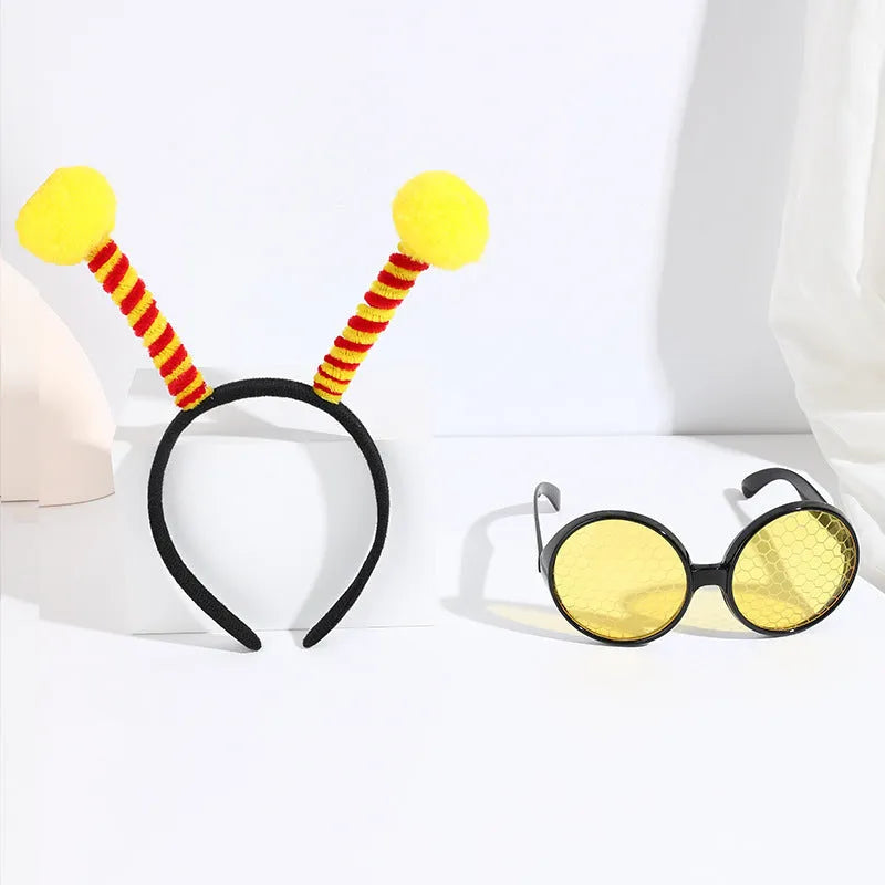 Yellow bee-themed cloth headband and matching round glasses for children's fancy dress costume.