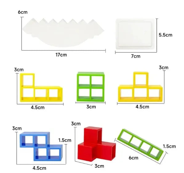 Plastic balance stacking game with 16 colourful building blocks on 26.5cm square chassis