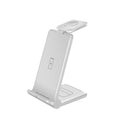 Foldable 3-in-1 wireless charging station dock for phone, Apple Watch and AirPods in black and white.