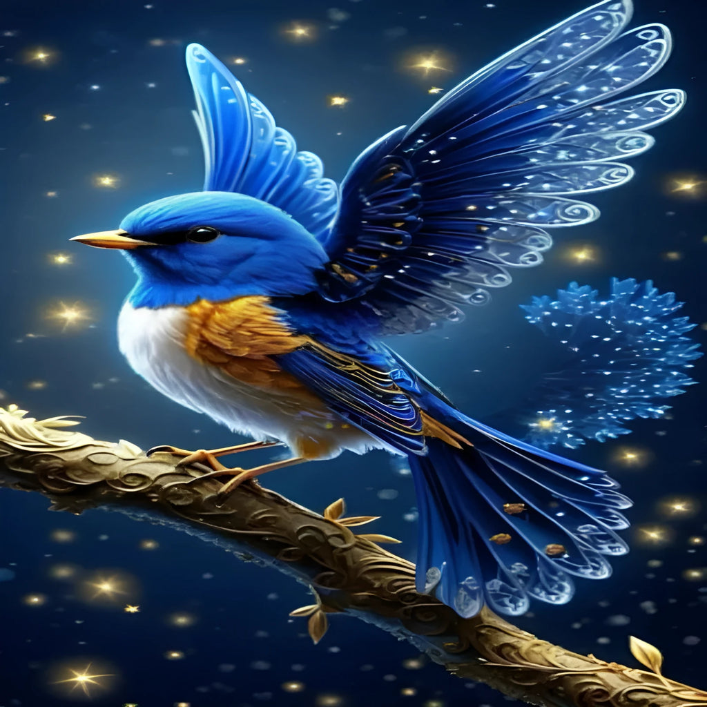 DIY diamond painting kit showing Blue Bird design on 60x100cm canvas with acrylic elements