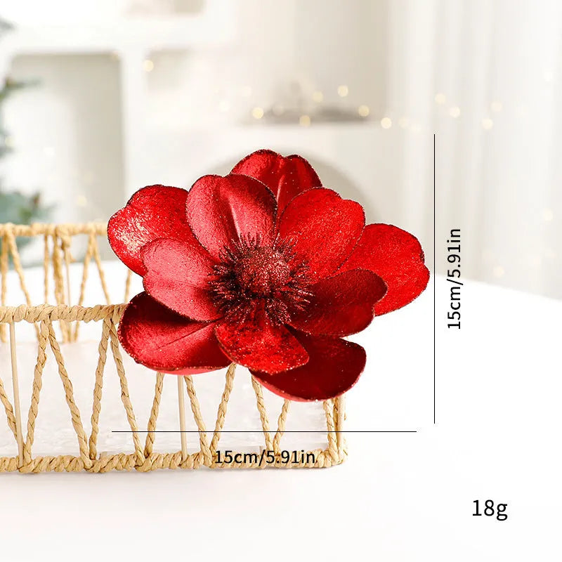 Set of three 15cm flannel Christmas flower ornaments in Champagne Gold, Dark Green, and Wine Red for tree decoration