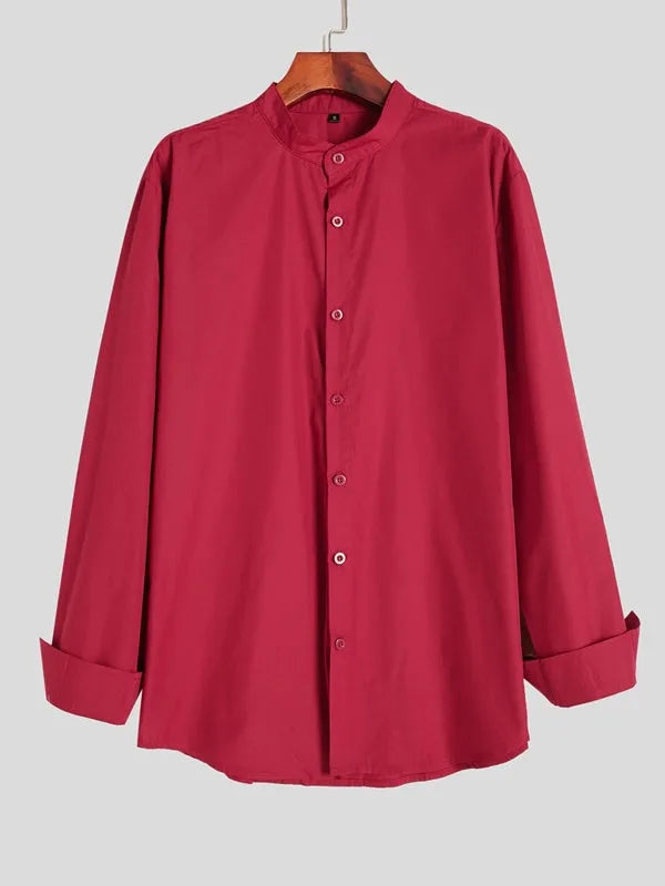 Men's red stand-up collar casual shirt with Chinese-style design, long sleeves, available in sizes S to XXXL