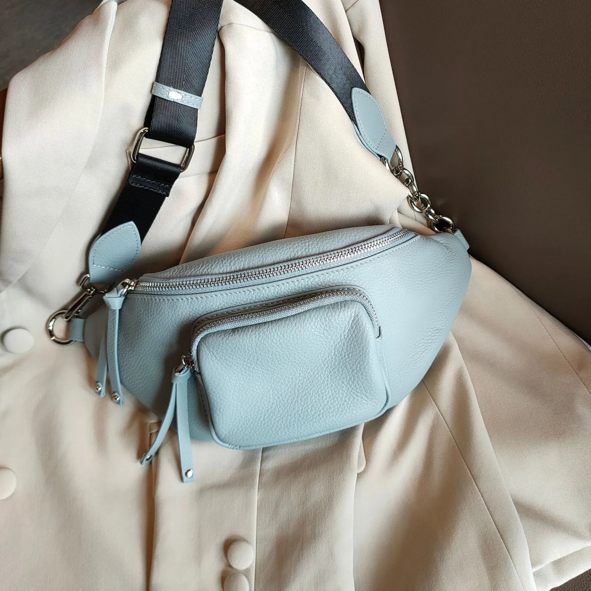 Genuine leather dumpling chest bag crossbody style black blue white colour options