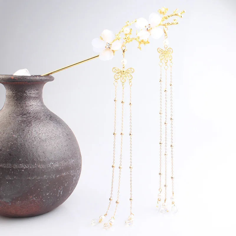 Ancient style hairpin with plum blossom branch, white flower, and tassel on metal stick, gold finish