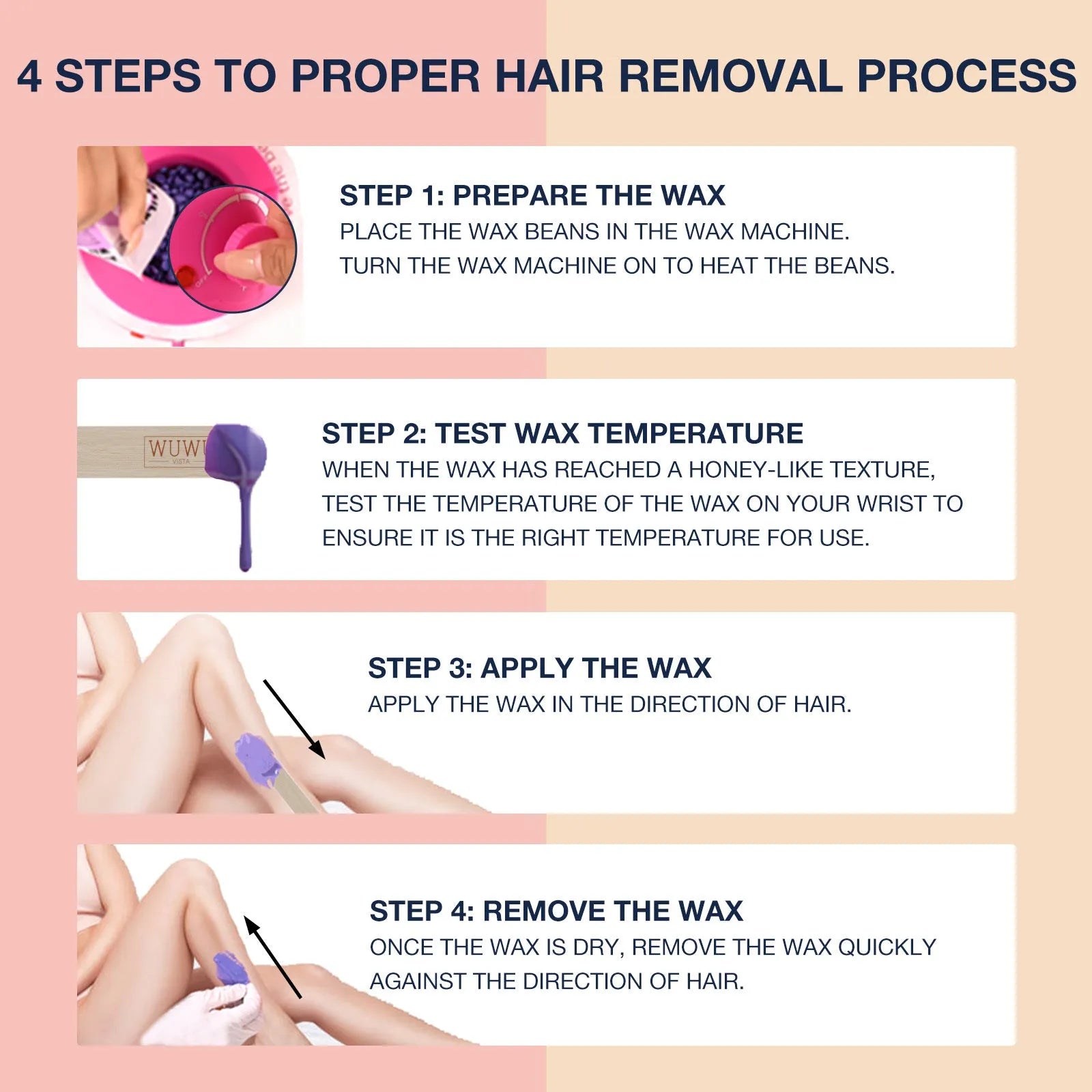 WUWUVISTA 27-piece hair removal wax kit with heater, four coloured wax pots, and applicator sticks on a table.