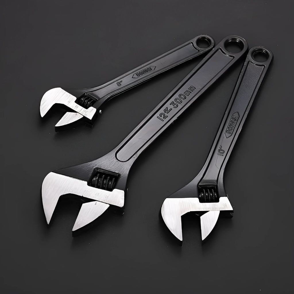 High carbon steel adjustable spanner with blackened finish and ergonomic handle in multiple size options
