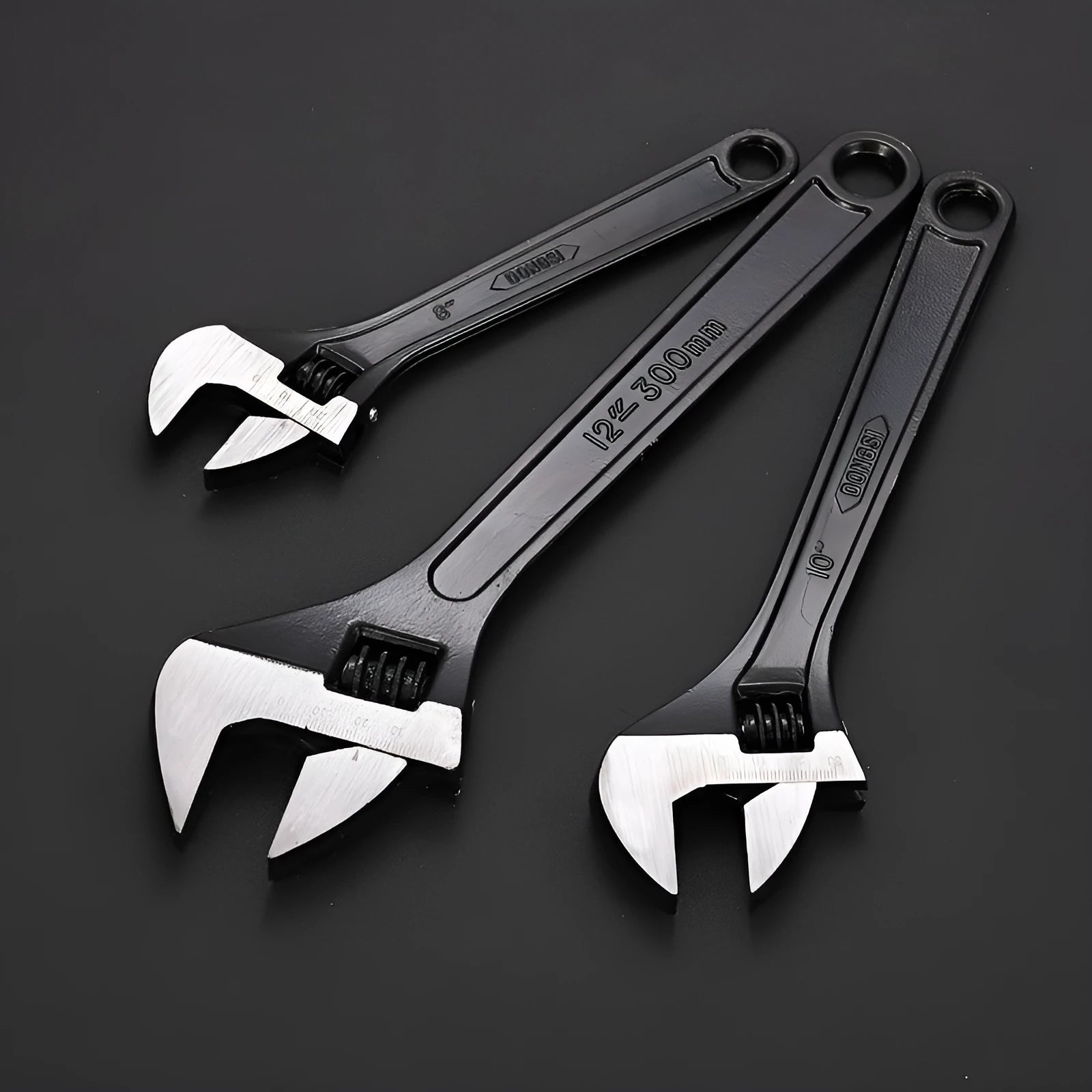 High carbon steel adjustable spanner with blackened finish and ergonomic handle in multiple size options