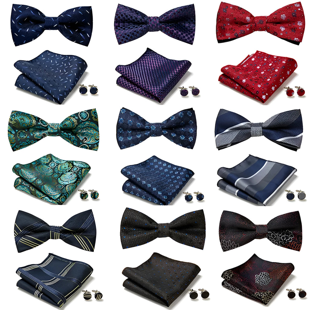 Floral Bow Tie Set of Three Pieces Polyester Yarn Hand-Sewn 12cm by 6cm Bow Tie with Matching Pocket Square 25x25cm and Cufflinks 1.5cm for Men's Formal Wedding and Party Accessories Multistyle Options