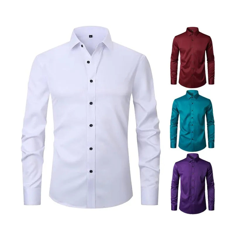 Men's grey stretch long sleeve work shirt made from polyester fabric on a hanger
