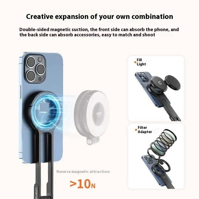 Portable phone holder with black climbing button carabiner on grey background, aluminium alloy and silicone construction