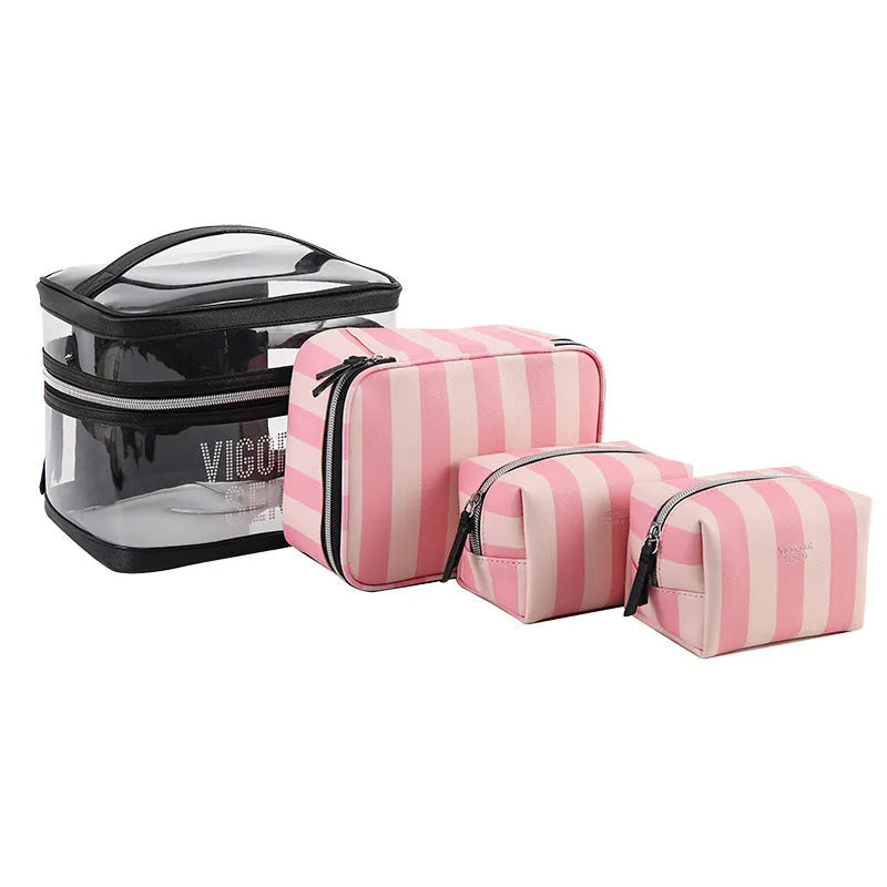 Pink and white bold stripe floral pattern retro-style waterproof synthetic leather makeup buggy bag.