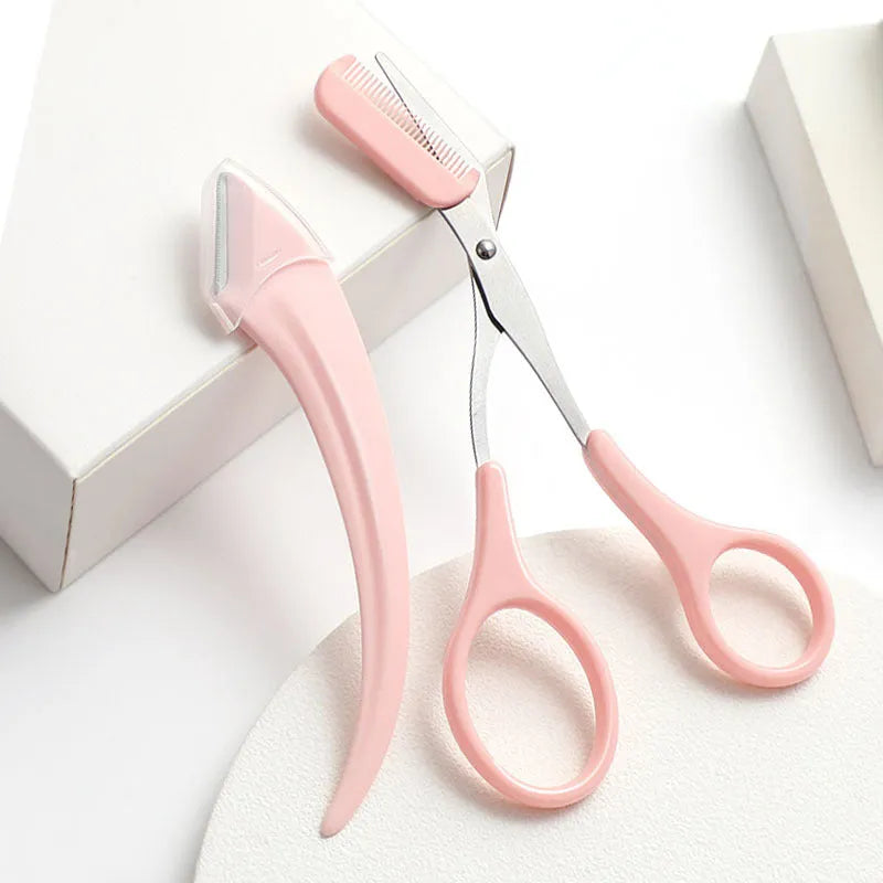 Curved moon shape eyebrow trimming knife with comb in white and pink colours