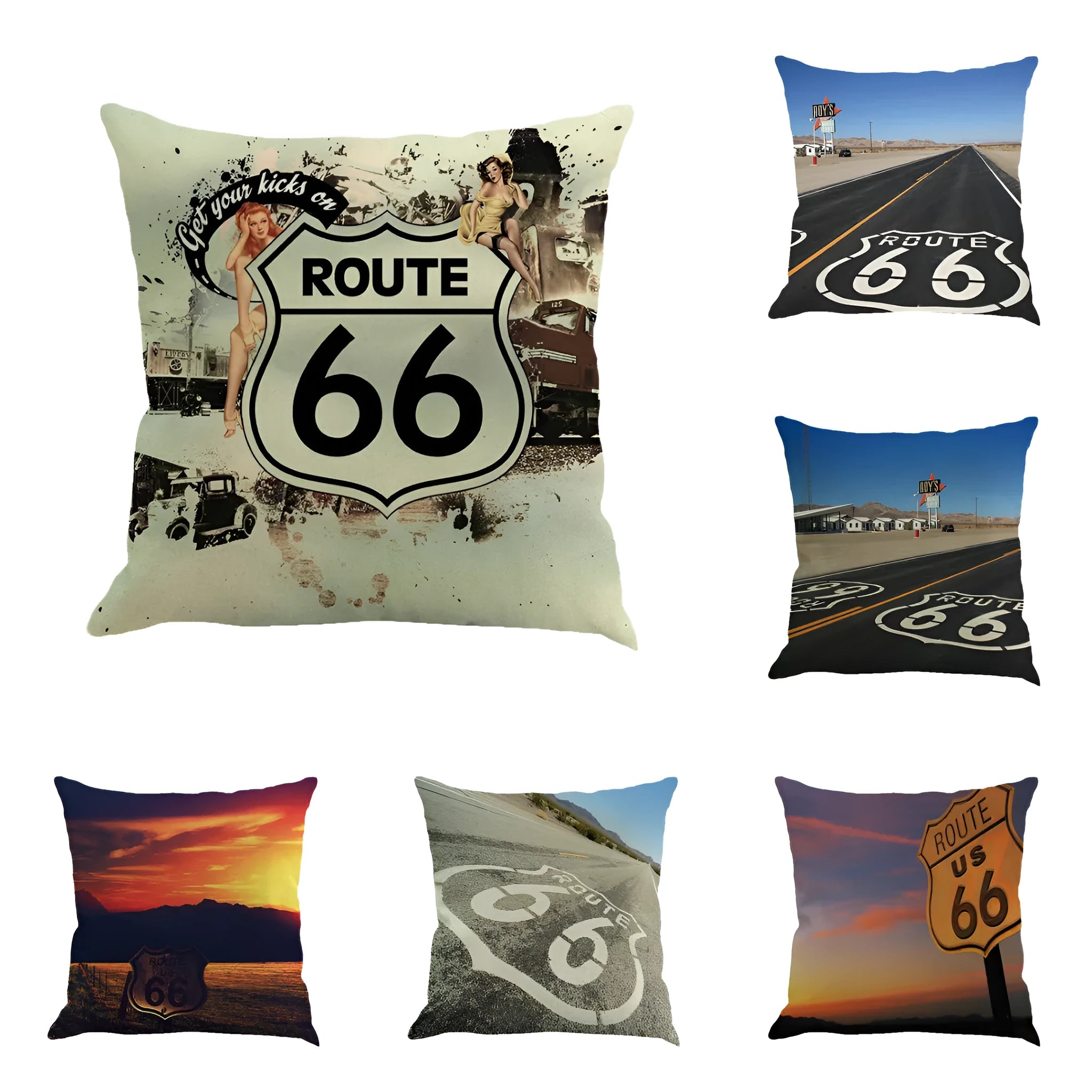 Route 66 landscape pattern linen blend cushion cover on a grey sofa.