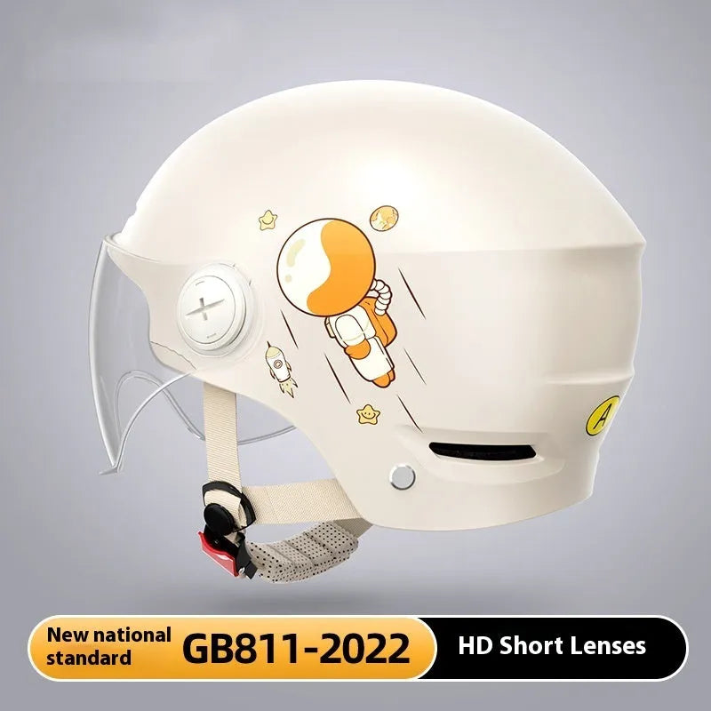 Khaki coloured electric motorcycle half helmet with interchangeable glasses options for commuting
