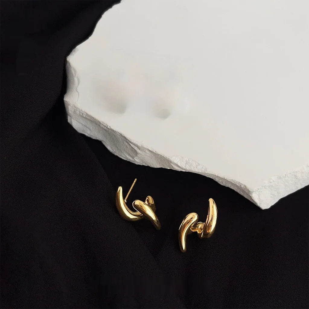 Copper geometric stud earrings with electroplated gold or silver finish, line design, one pair