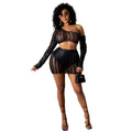 Women's black hollow-out two-piece dress set with sleeveless top and short skirt on a mannequin.