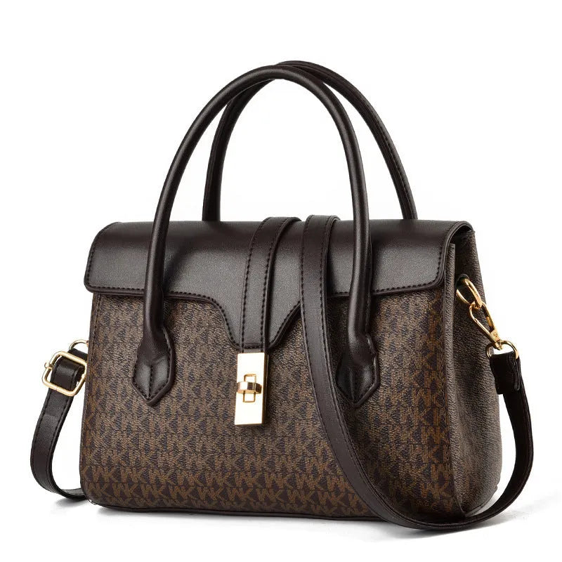 Portable women's retro textured PU crossbody bag in black, horizontal square shape with printed pattern