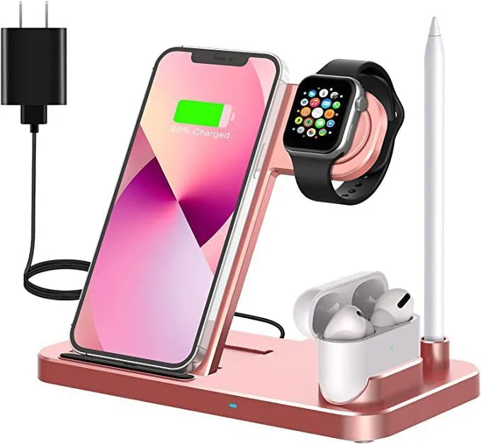Foldable 4-in-1 wireless charger showing vertical orientation charging Apple iPhone AirPods and Apple Pencil