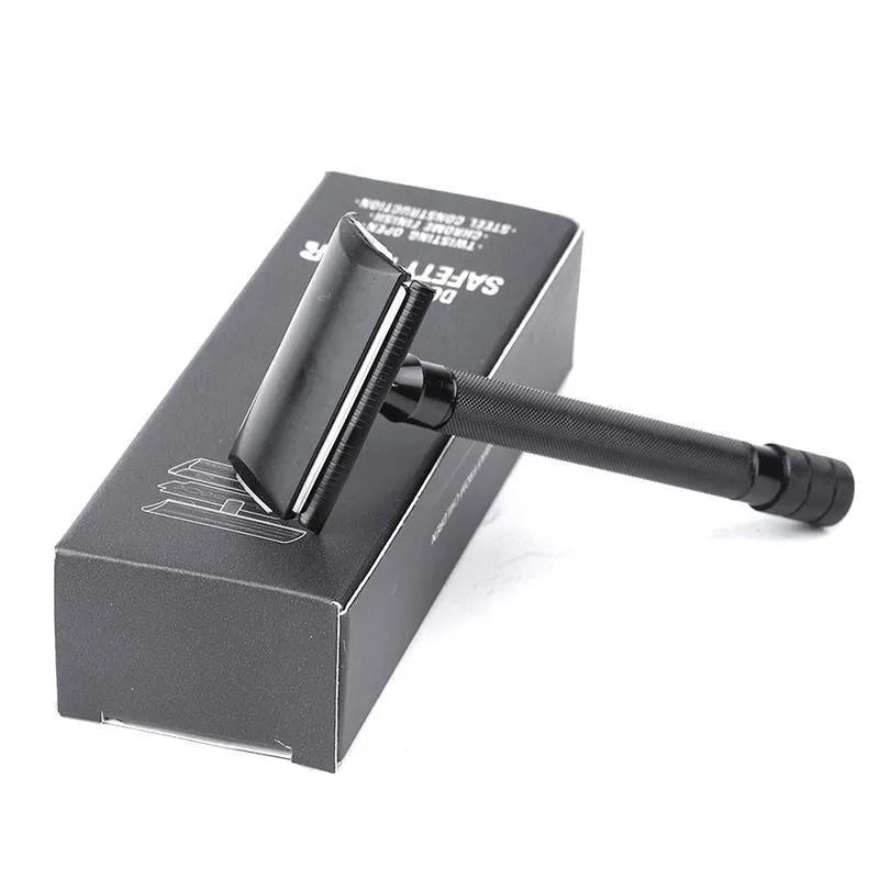 Traditional manual beard shaver with metal scraper and wooden brush grooming kit