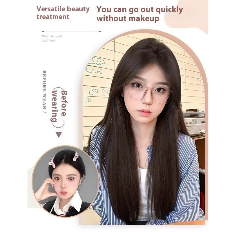 Full-head forehead lace wig in long straight style with hairnet, clip, comb, bracket and bottle of care solution.