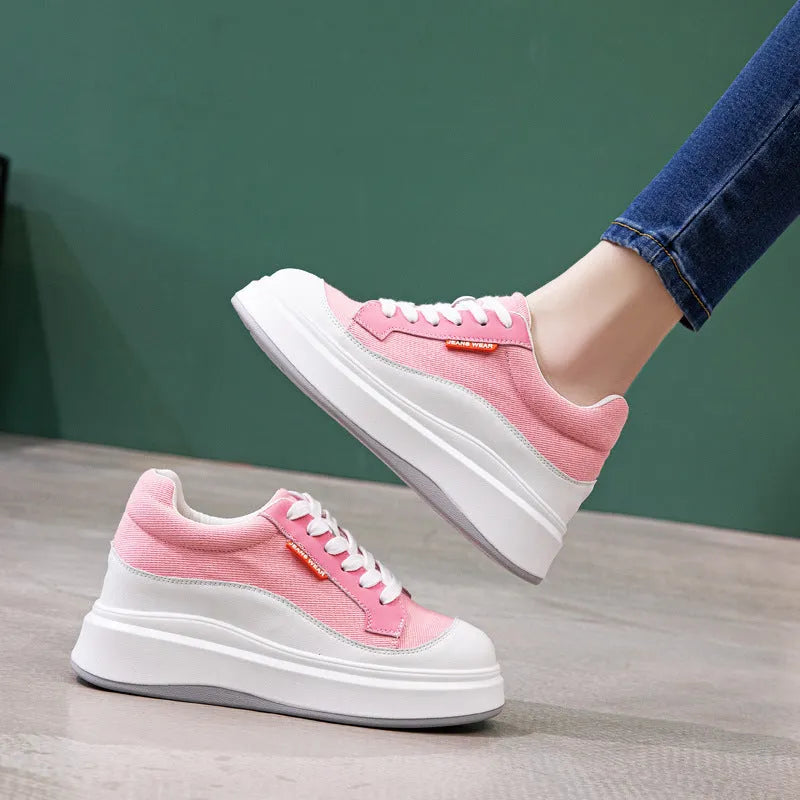 Women's pink leather board shoes with thick soles for height increase