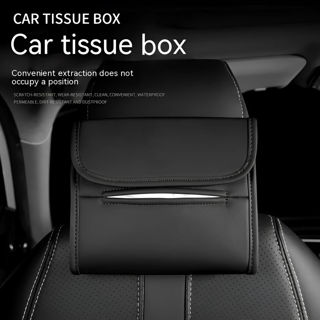 Leather car tissue box with elastic band for sun visor, armrest, or chair back mounting