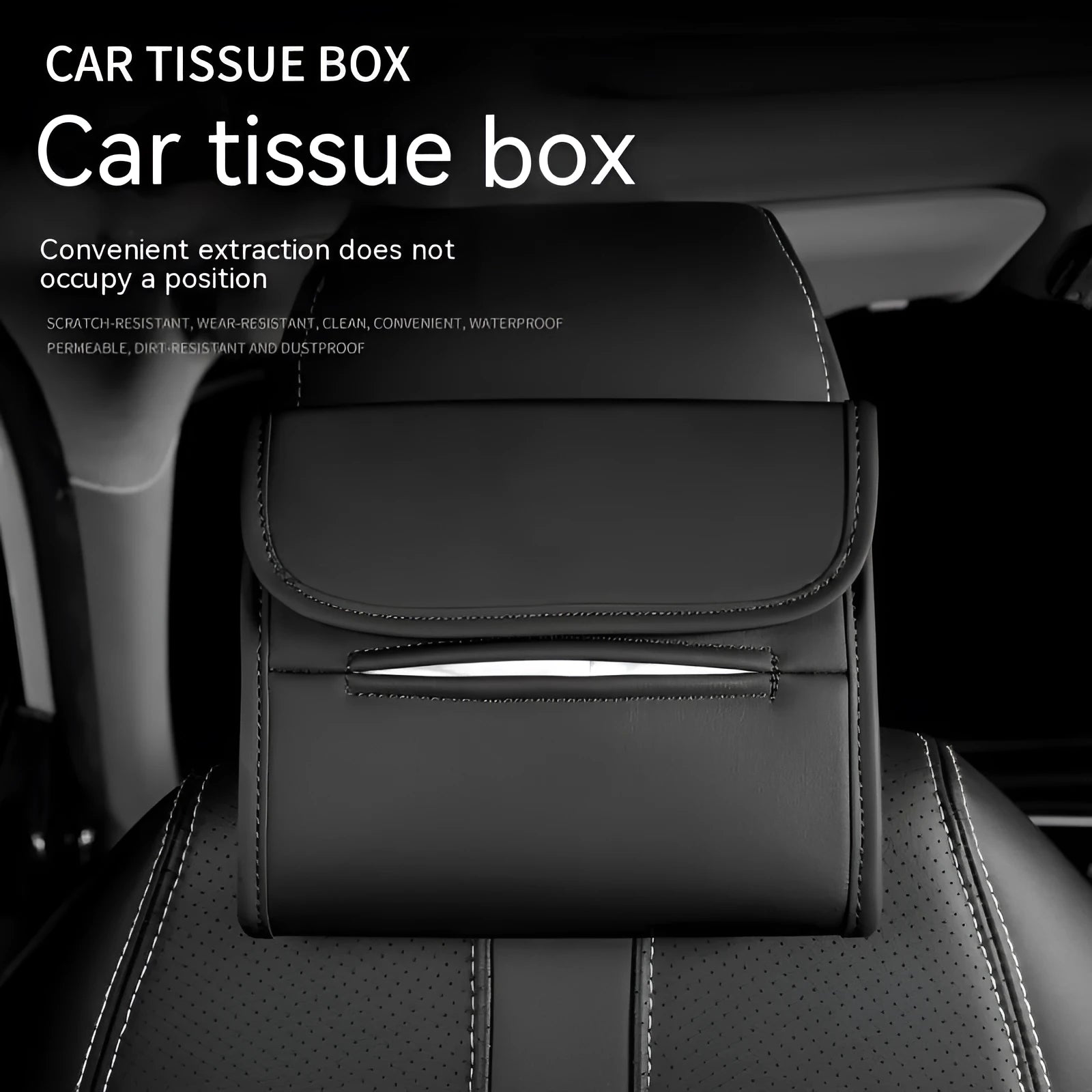 Leather car tissue box with elastic band for sun visor, armrest, or chair back mounting