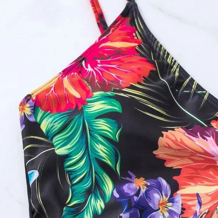 Black women's high waist briefs with printed split bikini design for sports activities