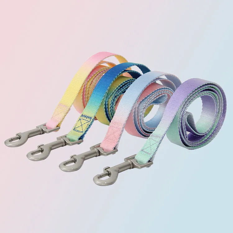 Gradient colour dog leash and collar set made from nylon fabric in multiple colour combinations