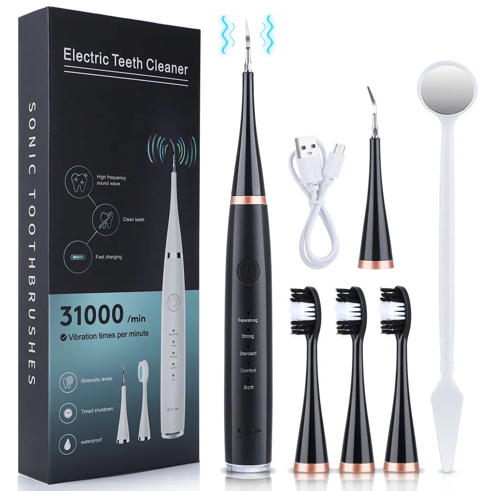 Portable electric toothbrush with white ABS plastic body, USB charging port, and up-and-down brush head on a clean surface