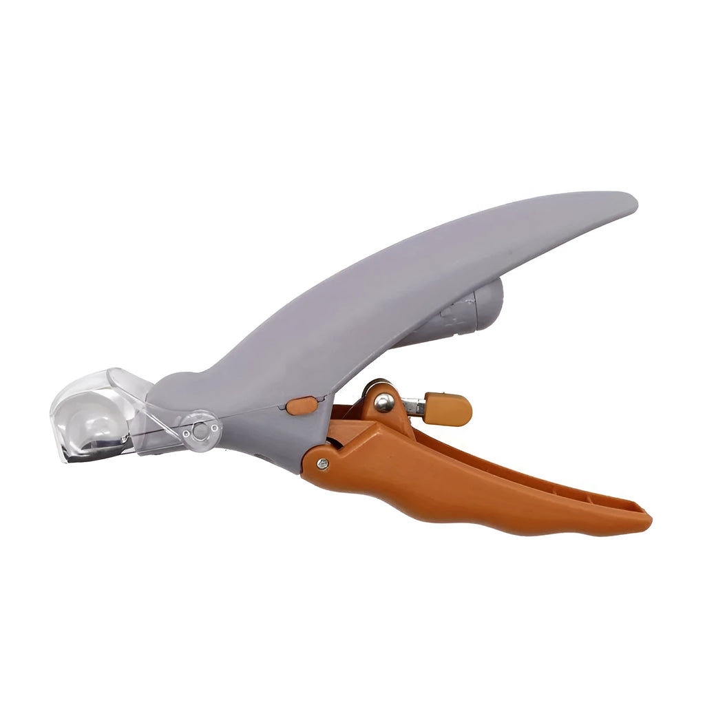 Yellow LED pet nail trimmer with magnifying glass catcher and light-up cutting head