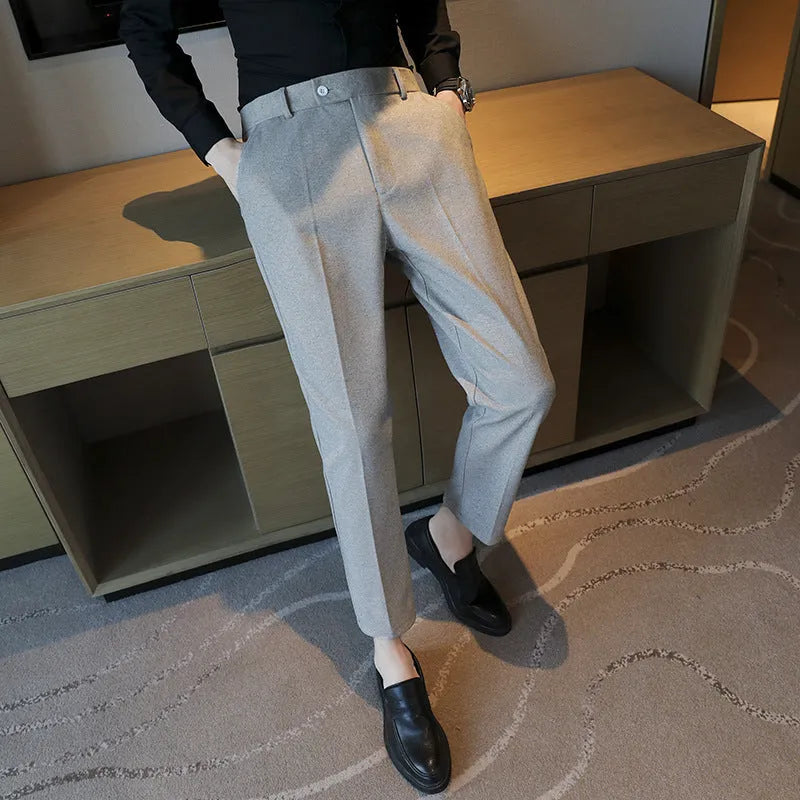 Men's brown corduroy straight fit trousers with elastic waistband for business casual wear