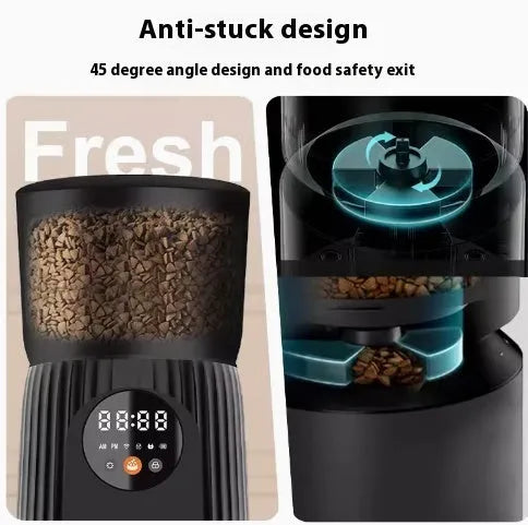 Black automatic pet feeder with digital display and food hopper on a floor