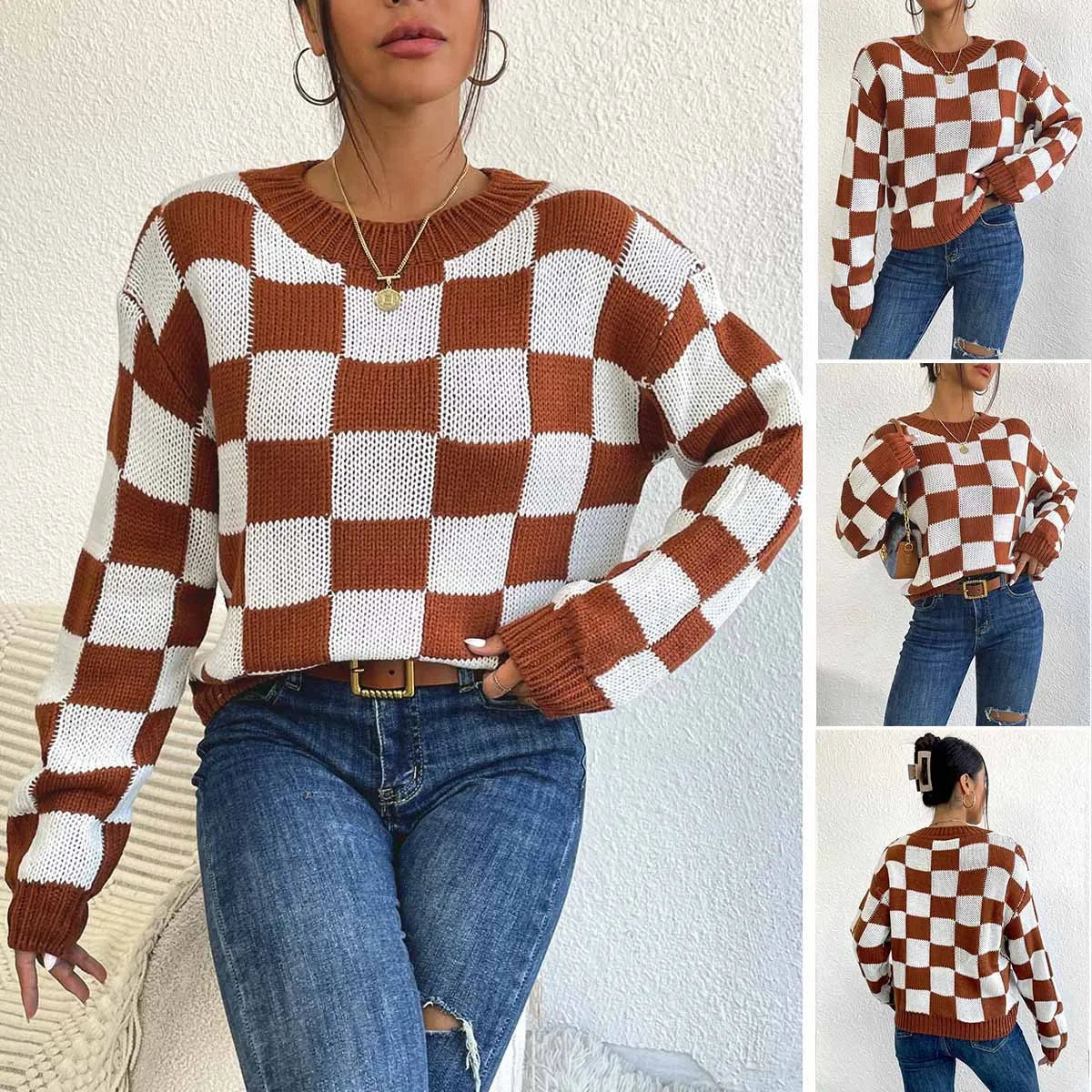 Dark brown plaid pattern women's loose-fit acrylic pullover sweater with long sleeves
