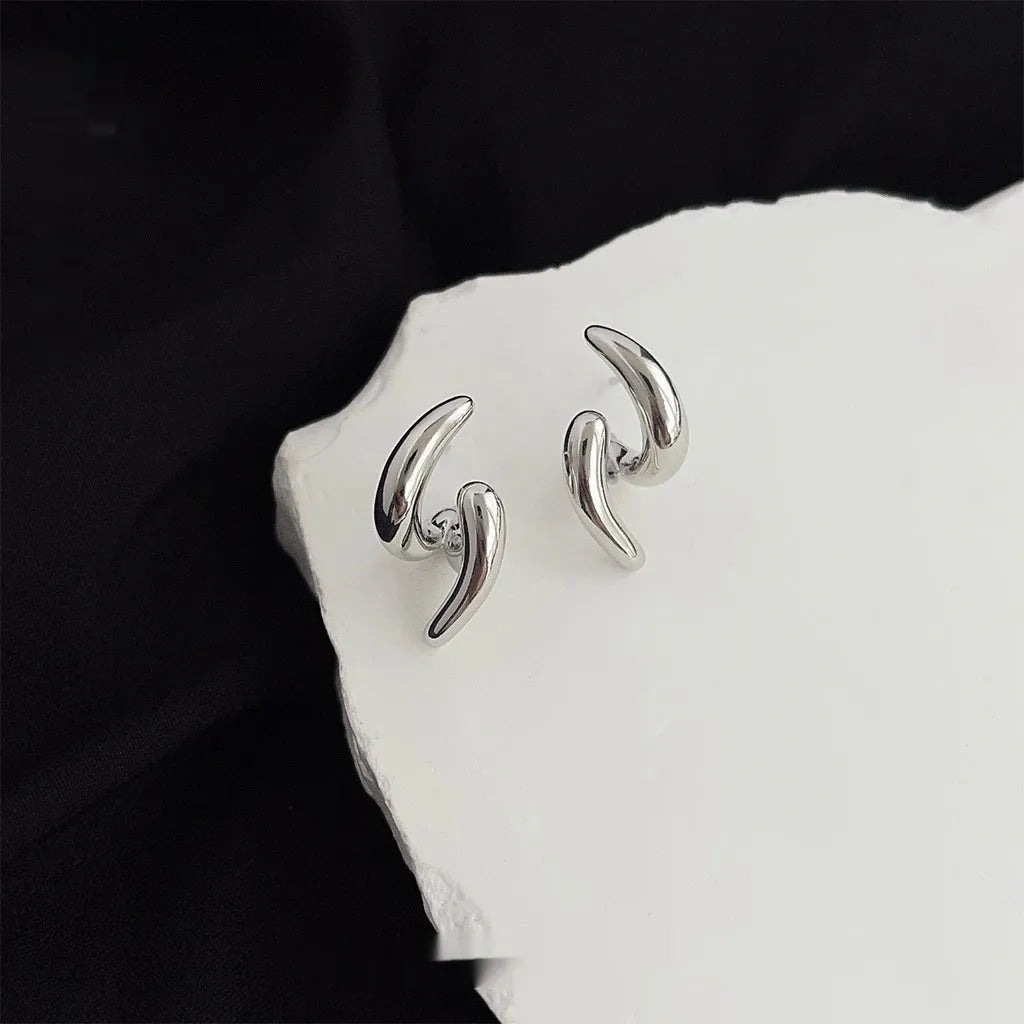 Copper geometric stud earrings with electroplated gold or silver finish, line design, one pair