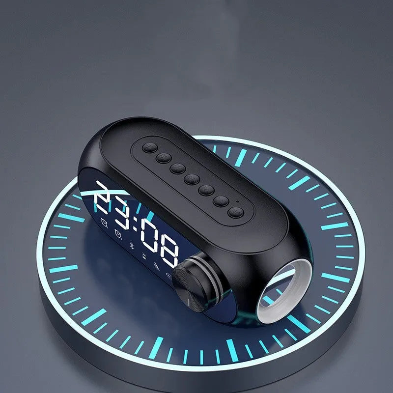 Compact portable Bluetooth speaker in black, white, or blue with USB charging cable.