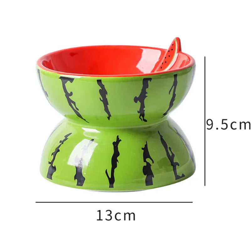 Ceramic raised cat bowl with tilted wide dish on elevated 5-inch stand