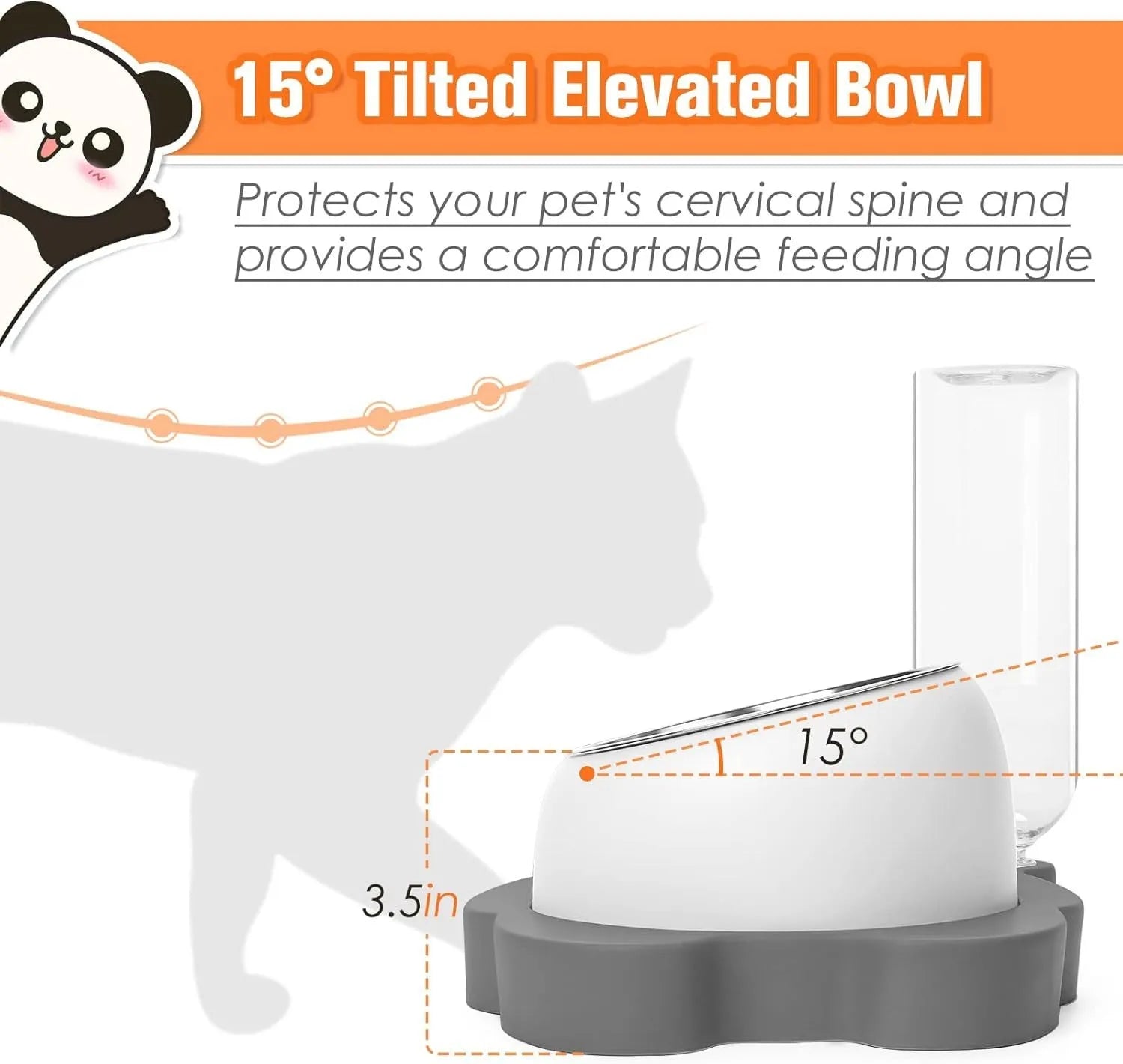 Grey panda-shaped raised pet feeder with tilted stainless steel bowls and a water bottle on a white background.