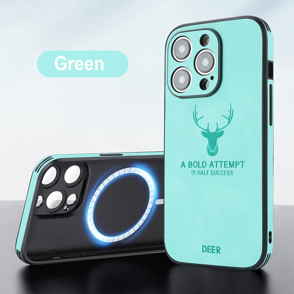 iPhone 16 series imitation leather phone case with embossed moose head design showing magnetic charging compatibility