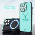iPhone 16 series imitation leather phone case with embossed moose head design showing magnetic charging compatibility