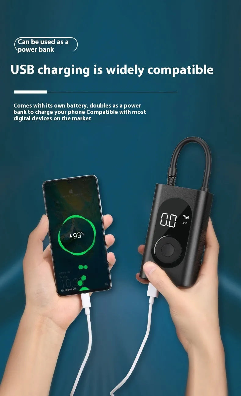 Mini wireless handheld tire inflator with ABS PC body, power bank and flashlight, 198 x 75 x 52 mm