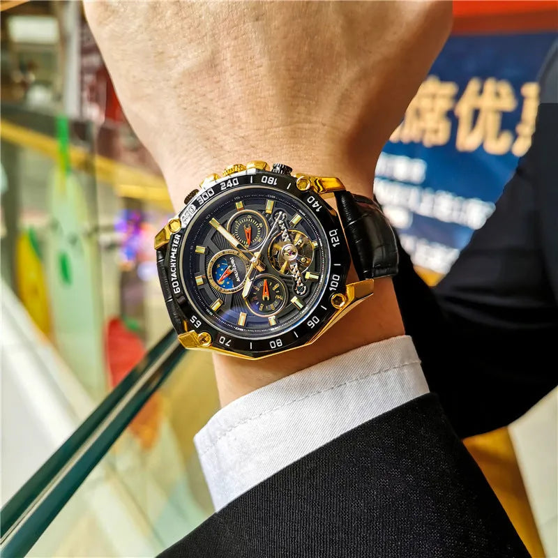 Men's automatic mechanical watch with 12mm case in various colour combinations including silver, black, and black with gold