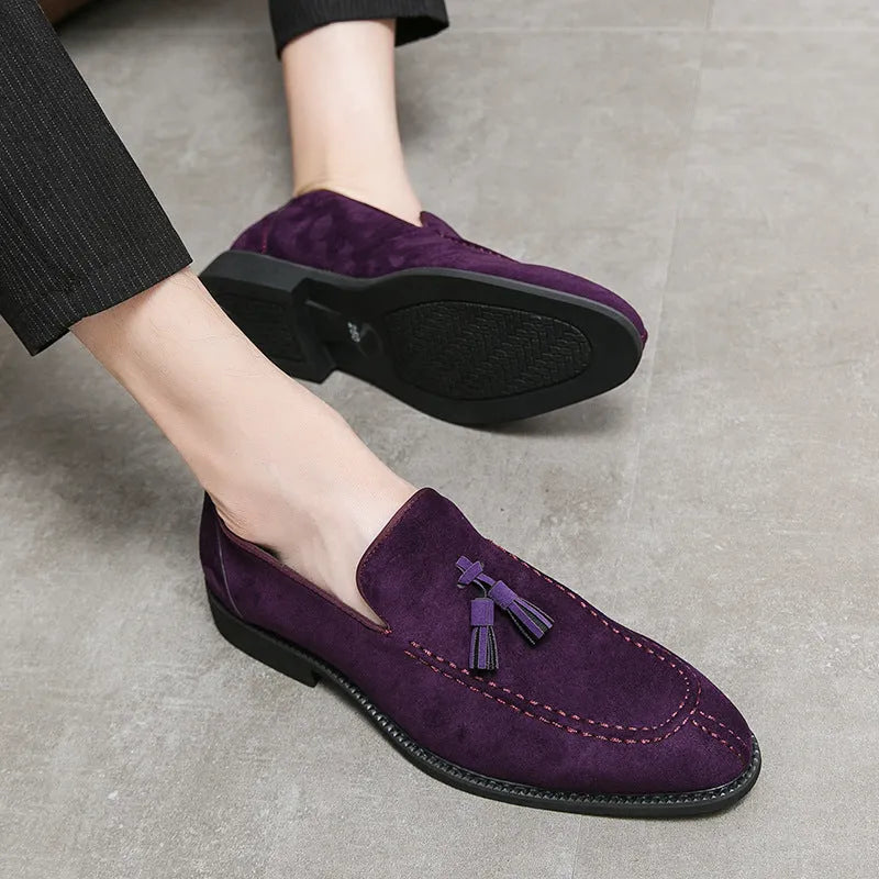 Men's suede matte fashion leather shoes in purple or blue with flat heel and plastic sole, sizes 38-48