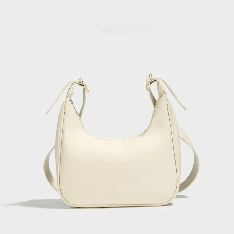 Simple all-match crescent PU crossbody bag in black with single shoulder strap and open outer pocket for women